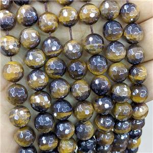 yellow Tiger eye stone beads, faceted round, light electroplated, approx 12mm dia