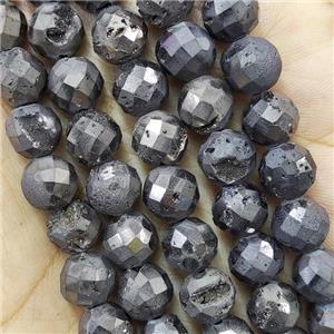 black Agate Druzy beads, faceted round, approx 10mm dia