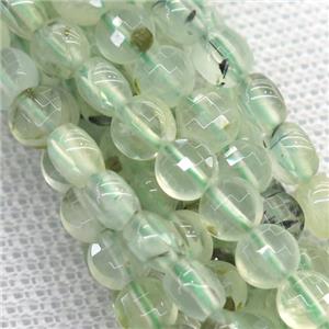 green Prehnite beads, faceted coin, approx 8mm dia