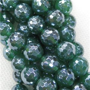 green Agate beads, faceted round, light electroplated, approx 10mm dia