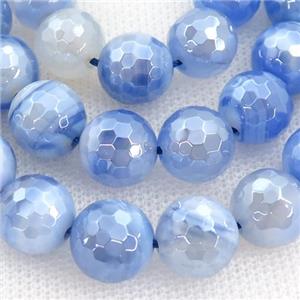 Natural Striped Agate Beads Banded Blue Dye Faceted Round Light Electroplated, approx 10mm dia
