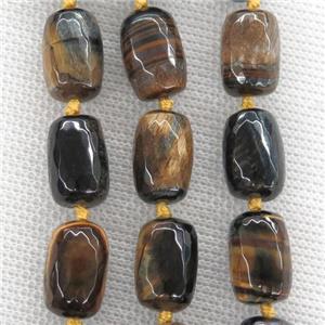 Tiger eye stone beads, faceted barrel, approx 10-14mm