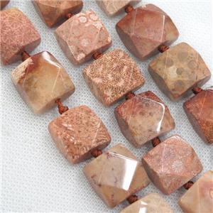 peach Coral Fossil beads, faceted square, approx 18x18mm