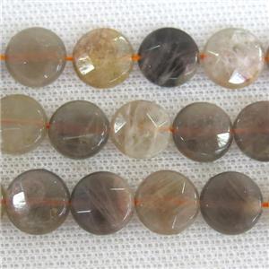 black SunStone Beads, faceted circle, approx 12mm dia