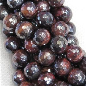 red Tiger eye stone beads, faceted round, light electroplated, approx 8mm dia