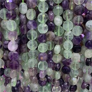 Fluorite Beads, faceted circle, multicolor, approx 4mm dia