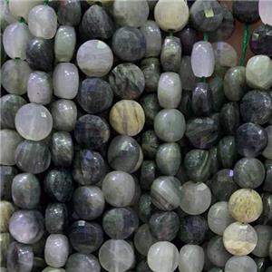 green Actinolite beads, faceted circle, approx 6mm dia