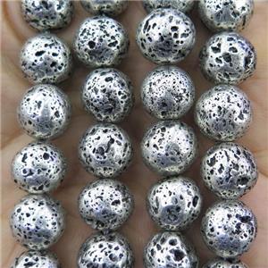 round Lava Stone Beads, Antique silver plated, approx 6mm dia
