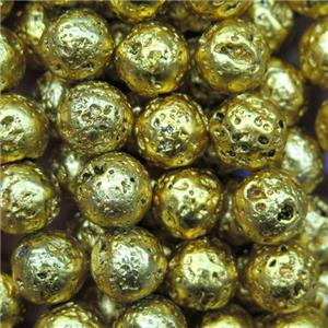 round Lava stone beads, gold plated, approx 8mm dia