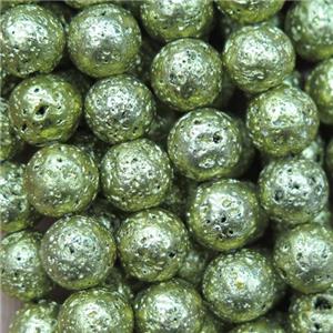 round Lava stone beads, olive plated, approx 8mm dia