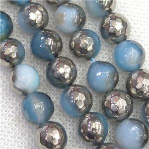 faceted round blue Agate beads, half silver plated, approx 12mm dia