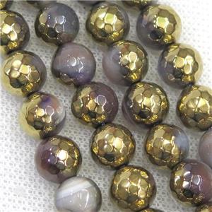 faceted round agate beads, half gold plated, approx 8mm dia