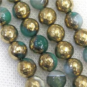 faceted round green Agate beads, half gold electroplated, approx 8mm dia