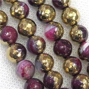 faceted round hotpink Agate beads, half gold plated, approx 8mm dia