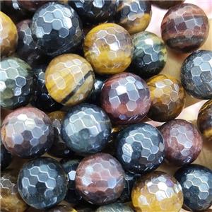 faceted round Tiger eye stone beads, mixed color, electroplated, approx 14mm dia