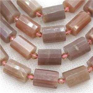 Peach Moonstone Column Beads Faceted Cylinder, approx 8x12mm