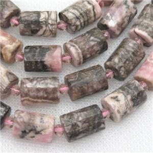 Brazilian Rhodonite tube Beads, faceted cylinder, approx 10x14mm