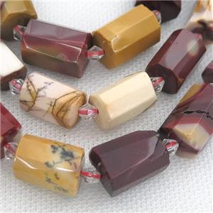 Mookaite beads, faceted cylinder, approx 12-18mm