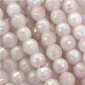 Rose Quartz beads, faceted round, AB-color electroplated, approx 6mm dia