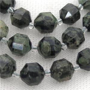 green Kambaba Jasper bullet beads, approx 7-8mm