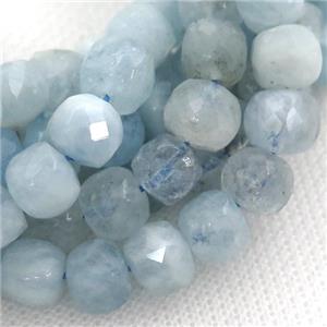 blue Aquamarine Beads, faceted cube, approx 7mm