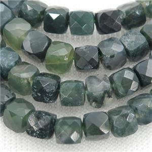 green Moss Agate Beads, faceted cube, approx 7mm