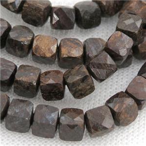 Bronzite Beads, faceted cube, approx 6mm