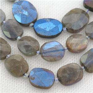 Labradorite Beads, faceted oval, electroplated, approx 13-15mm