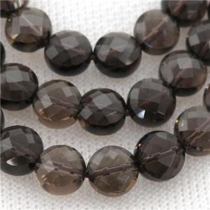 Smoky Quartz Beads, faceted coin, approx 6mm dia
