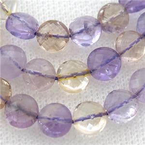 Ametrine Beads, faceted coin, approx 8mm dia