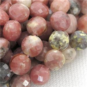 pink plum blossom Jasper beads, faceted circle, approx 8mm dia