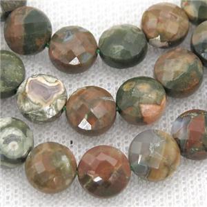 green Rhyolite Beads, faceted coin, approx 8mm dia