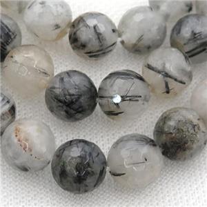 black Rutilated Quartz Beads, faceted round, approx 8mm dia