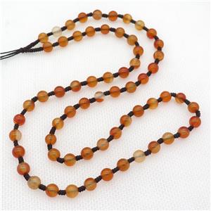 Agate Necklace Chain, knot, red dye, round, approx 6mm, 60cm length