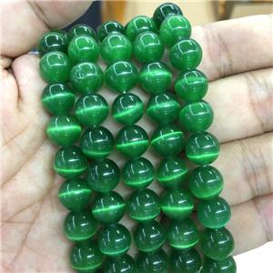 round Cats Eye Stone Beads, dp.green, approx 10mm dia