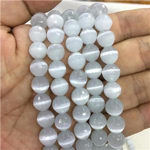 white Cat Eye Stone Beads, faceted round, approx 10mm dia