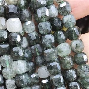 green Rutilated Quartz cube beads, faceted, approx 4mm