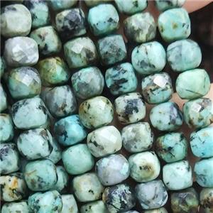 African Turquoise Beads, green, faceted cube, approx 6mm