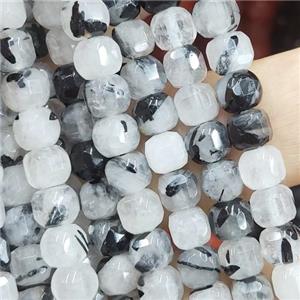 black Rutilated Quartz Beads, faceted cube, approx 8mm