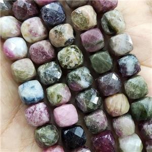 Tourmaline Beads, faceted cube, multicolor, approx 4mm