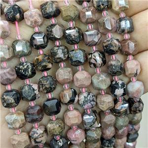 Rhodonite Beads, pink, faceted cube, approx 8-9mm