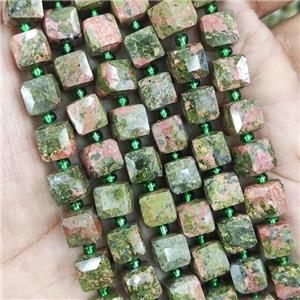 Unakite Beads, green, faceted cube, approx 7-8mm