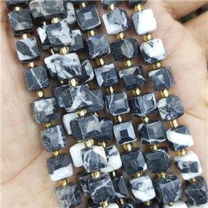 white Black Jasper Beads, faceted cube, approx 7-8mm