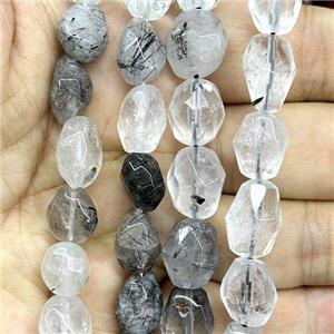 black Rutilated Quartz beads, faceted freeform, approx 10-14mm