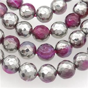 striped Agate beads, faceted round, half silver electroplated, approx 8mm dia