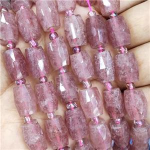 pink Strawberry Quartz Beads, faceted barrel, approx 10-14mm