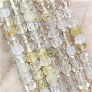 gold Rutilated Quartz Beads, faceted cube, approx 4mm