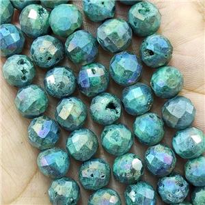 Green Agate Druzy Geode Beads Faceted Round Electroplated, approx 6mm dia