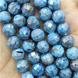 Blue Agate Druzy Geode Beads Faceted Round Electroplated, approx 10mm dia