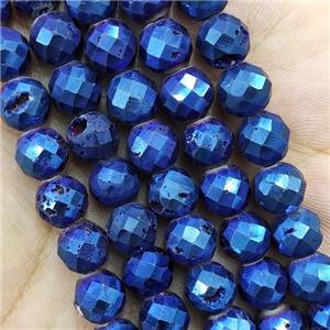 Blue Agate Druzy Geode Beads Faceted Round Electroplated, approx 8mm dia